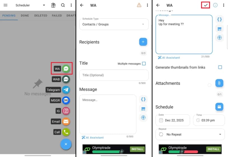Снимка към „WhatsApp тества планирано изпращане на съобщения в Android“